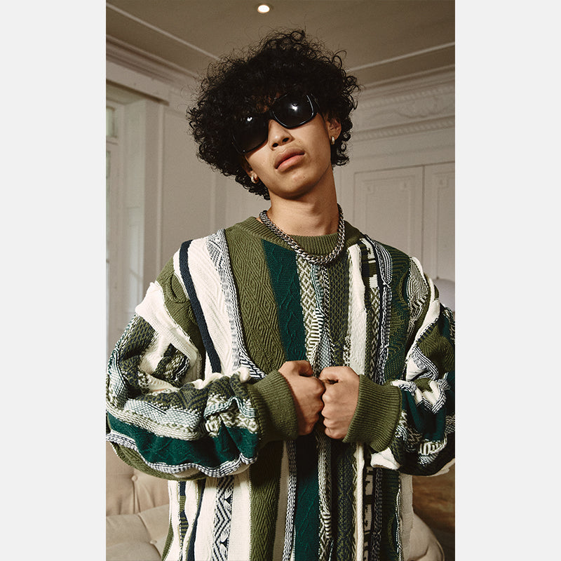 Medria Unisex Retro Bitter Melon Stripe Sweater - Loose Lazy Casual Knitwear