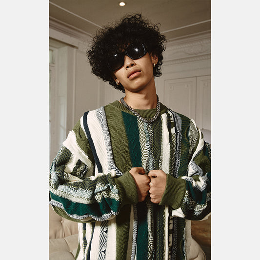 Medria Unisex Retro Bitter Melon Stripe Sweater - Loose Lazy Casual Knitwear