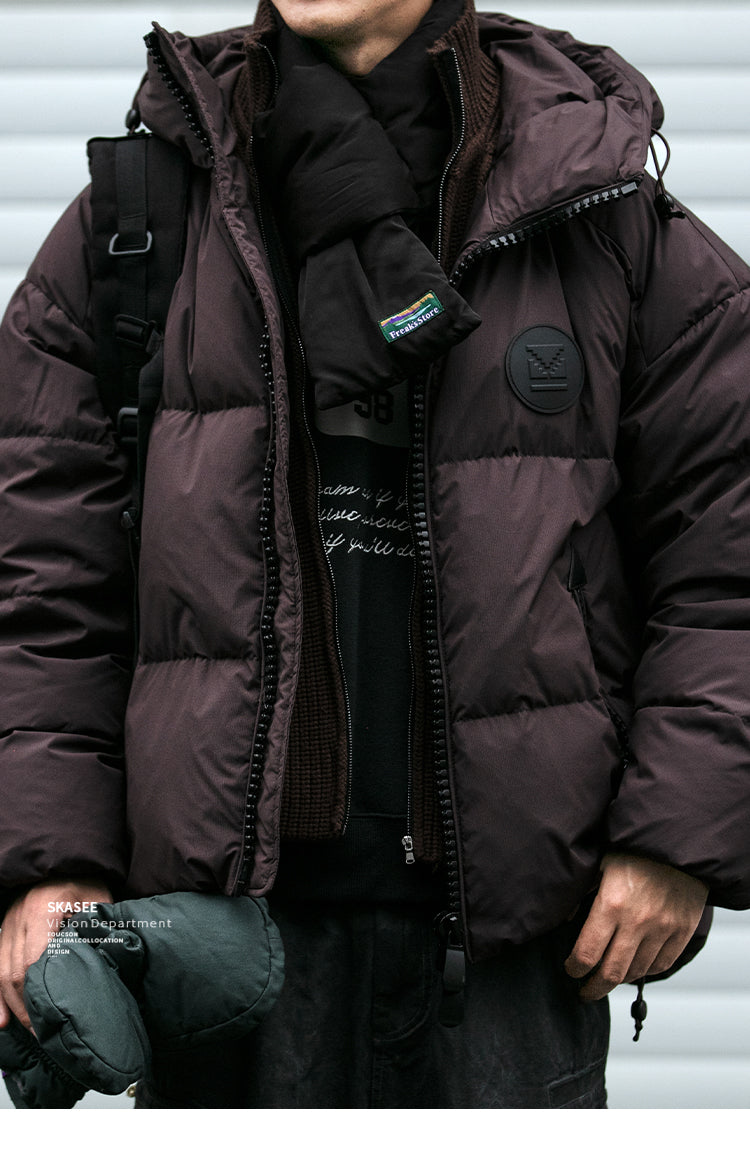 Detachable Fake Two-Piece Wool Collar Puff Feel Down Jacket Men Winter Trendy Loose Thickened Plaid Pattern Coat Trendy