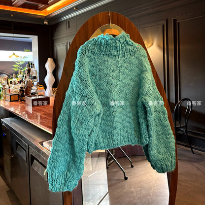 Women's Korean Retro High Collar Knitted Cardigan - Petite Short Slimming Thickened Sweater Coat