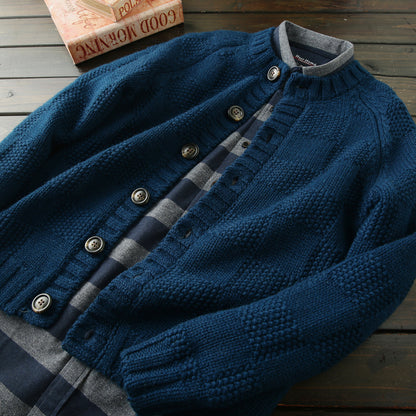 Men's High-End Italian Order Heavyweight Wool Cardigan - Autumn Winter Thickened Round Neck Knitted Sweater Jacket