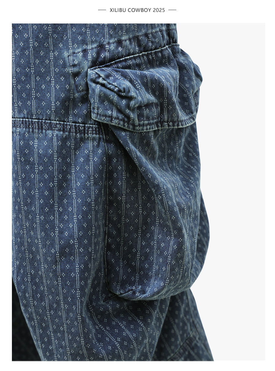 Blue Dyed Jacquard Loose Fit Scimitar Cropped Pants Japanese Retro Style with Large Pockets Casual Mid-Length Shorts