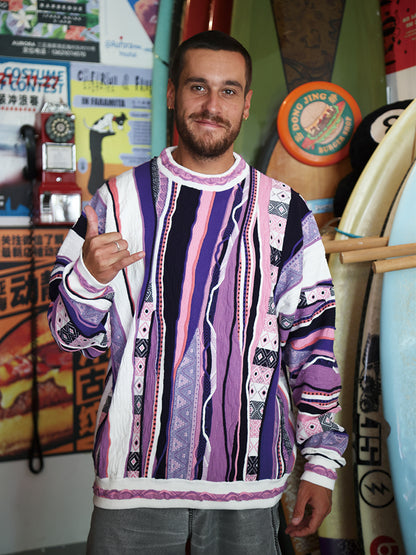 Medria Couple Retro Bitter Melon Stripe Sweater - Autumn Winter Purple Potion Pullover