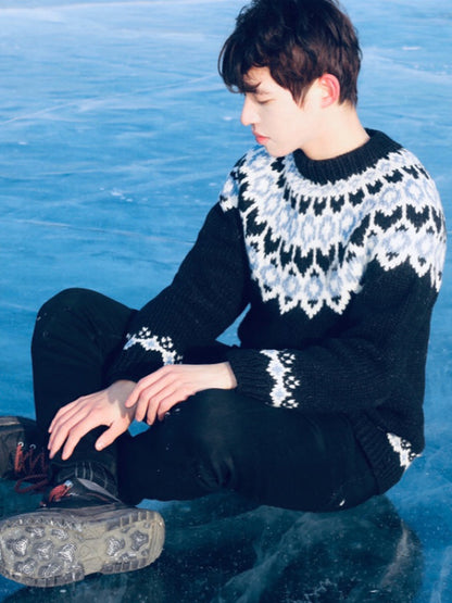 Handmade Fair Isle Wool Cardigan – Artistic Ferris-Wheel Pattern (Unisex)