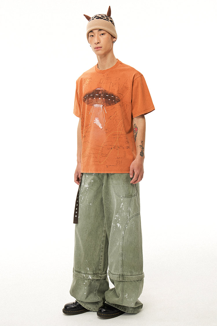 Alien Piggy 230g UFO Piggy Print Orange Short Sleeve T-Shirt