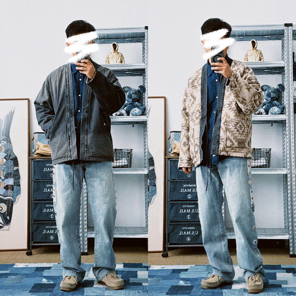 Vintage Ethnic-Style Reversible Denim Jacket – Japanese Retro Unisex Coat