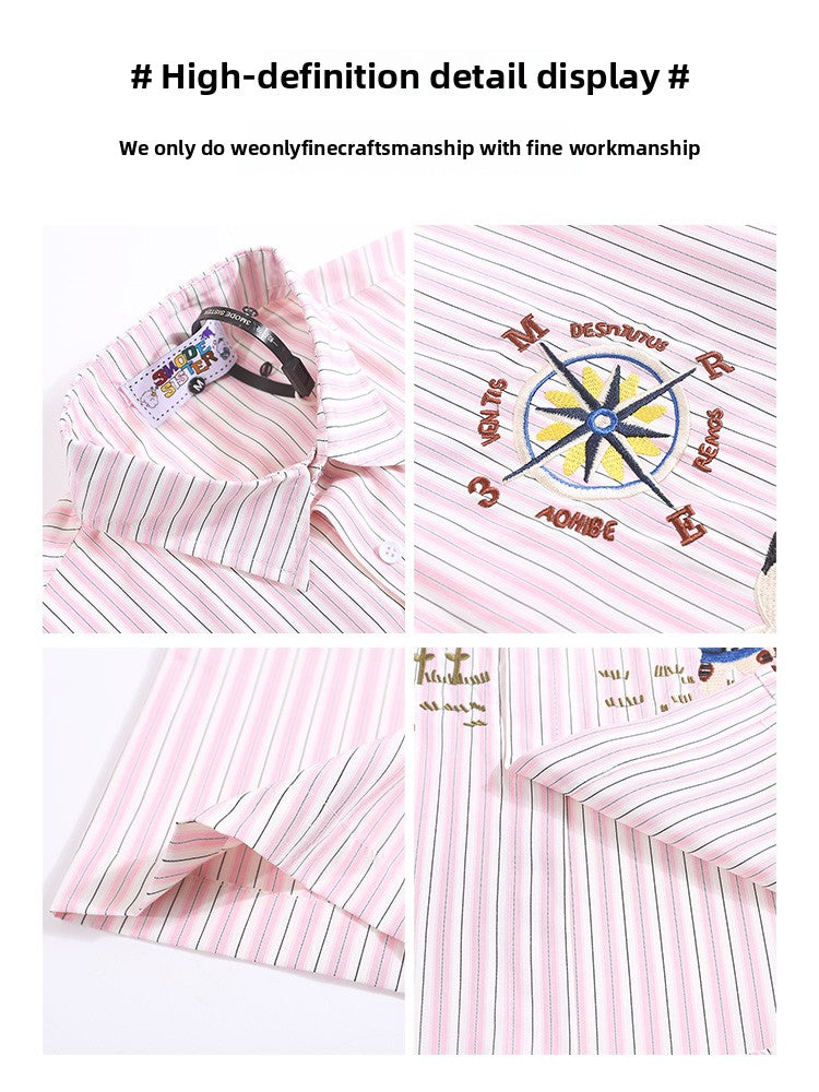 Japanese Style Trendy Cartoon Embroidery Vertical Striped Short Sleeve Shirt for Men Summer Loose Couple Half Sleeve Shirt