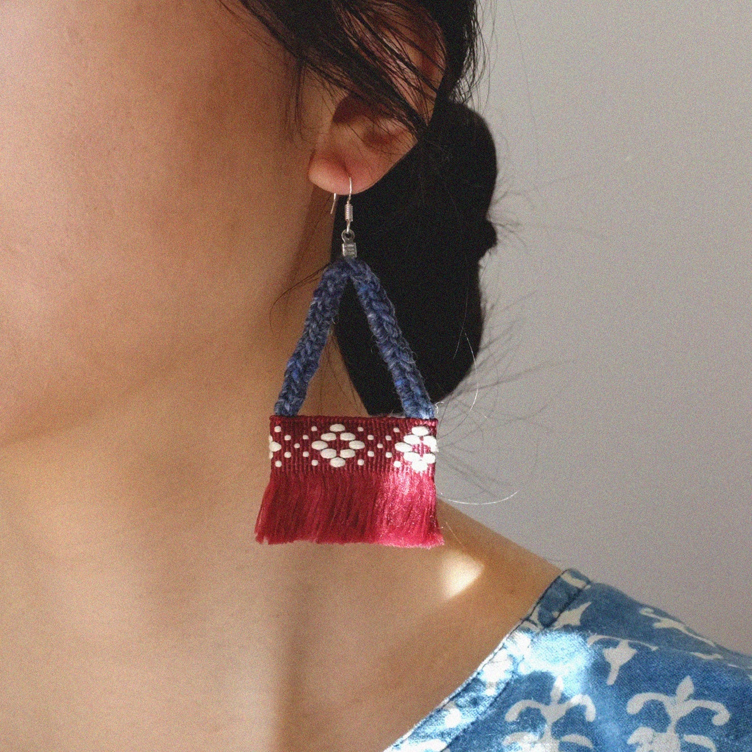 Original Earrings Niche Design Sense High-end Unique Color-blocking Handmade Crochet Silver Ear Studs