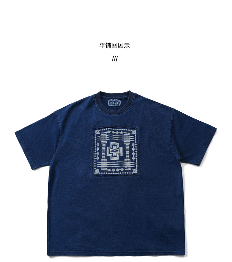 Japanese Retro Indigo Batik Craft Ethnic Style Patchwork Heavy Cotton Loose Fit Oversized T-Shirt for Men Summer Tee