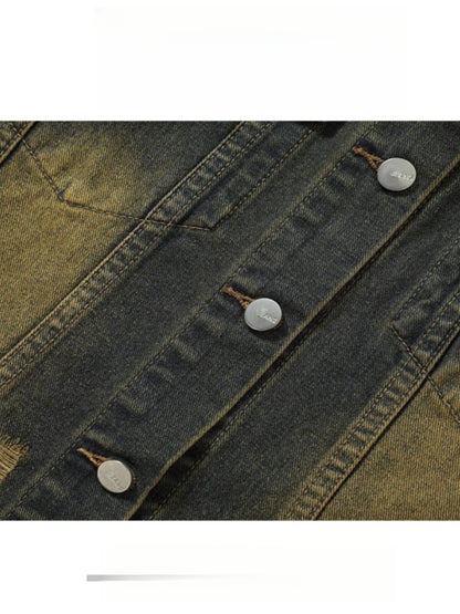 Vintage Distressed Turn-Down Collar Short Fringe Raw Edge Denim Vest Men's Functional Style Workwear Stylish Vintage Vest