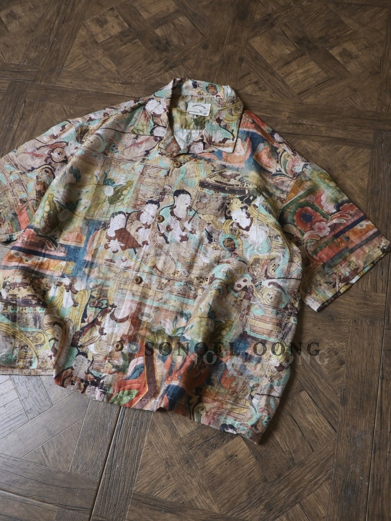 Vintage Loose Print Cuban Collar Shirt Linen Hawaiian Short Sleeve Shirt Dunhuang Summer Trend Brand