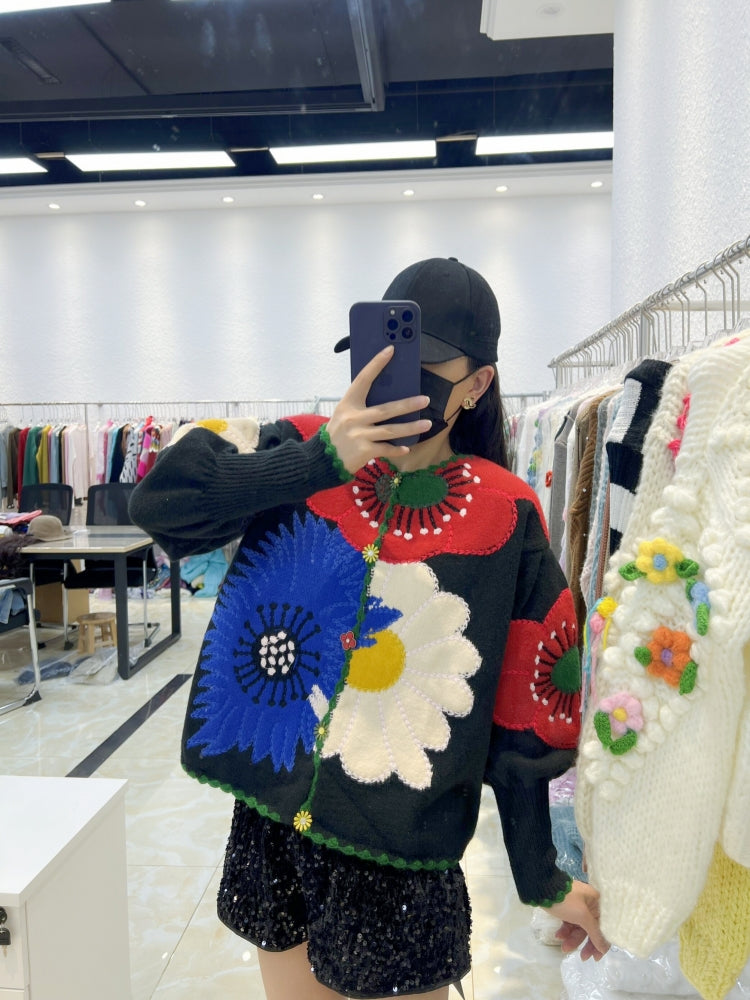 French Style Heavy Embroidery Floral Vintage Knit Sweater for Women 2025 Autumn Winter New Loose Cardigan Coat Trend