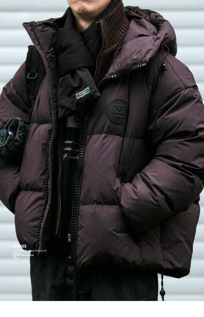 Men's Plaid Down Jacket - Detachable Wool Collar Thickened Warm Puff Coat