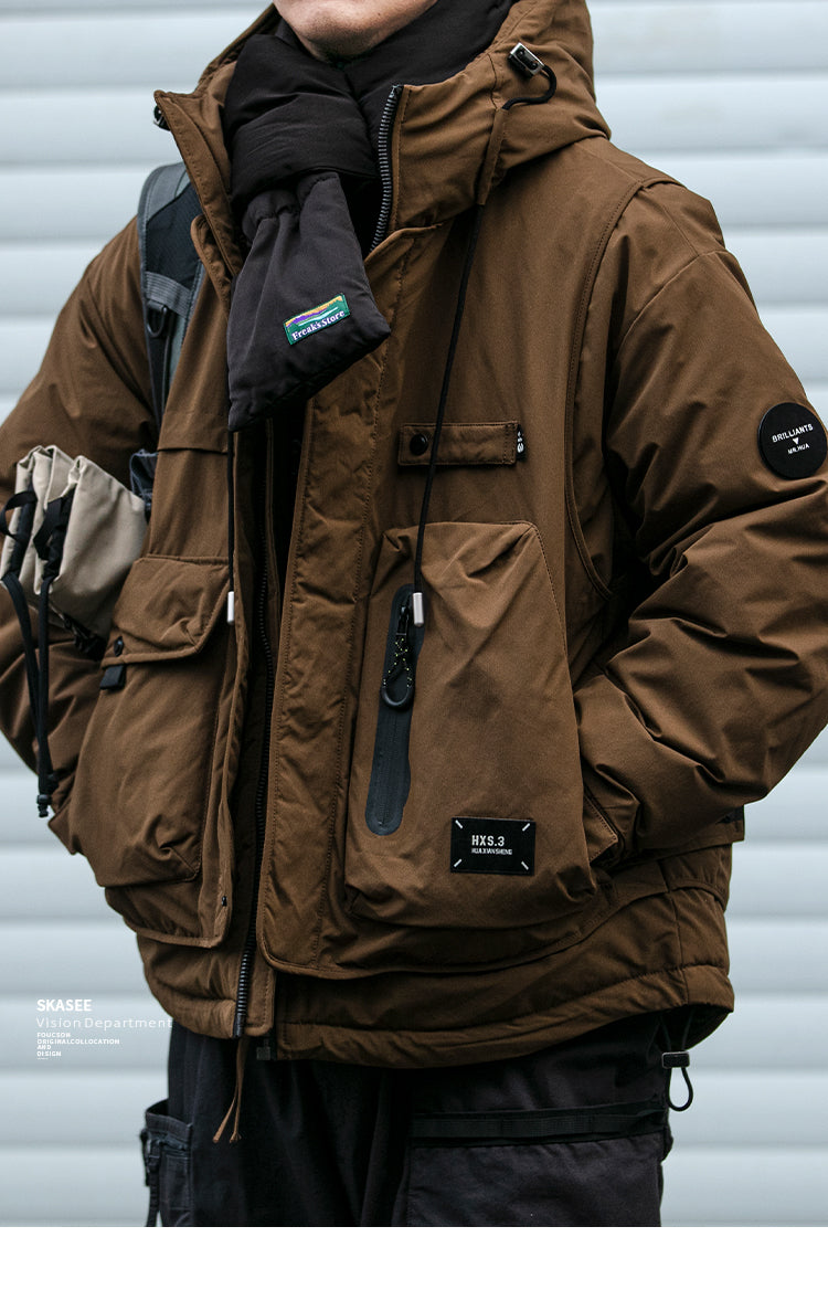 Winter Workwear Hooded Down Jacket Men's Trendy Loose Outdoor Multi-Pocket Functional 90% White Duck Down Warm Coat Trendy