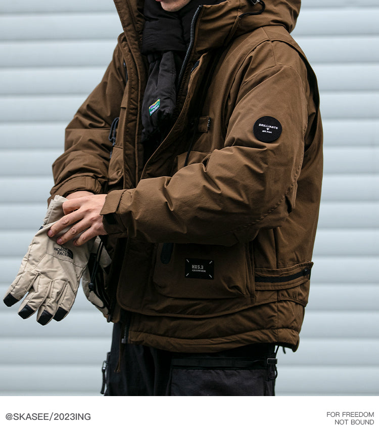 Winter Workwear Hooded Down Jacket Men's Trendy Loose Outdoor Multi-Pocket Functional 90% White Duck Down Warm Coat Trendy