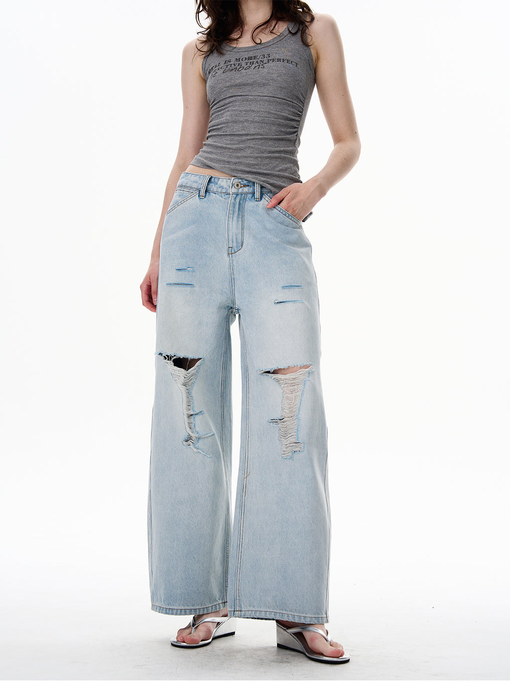 American Style Distressed Light Blue Jeans Trendy Brand Men's Cool Street Style High-End Pants