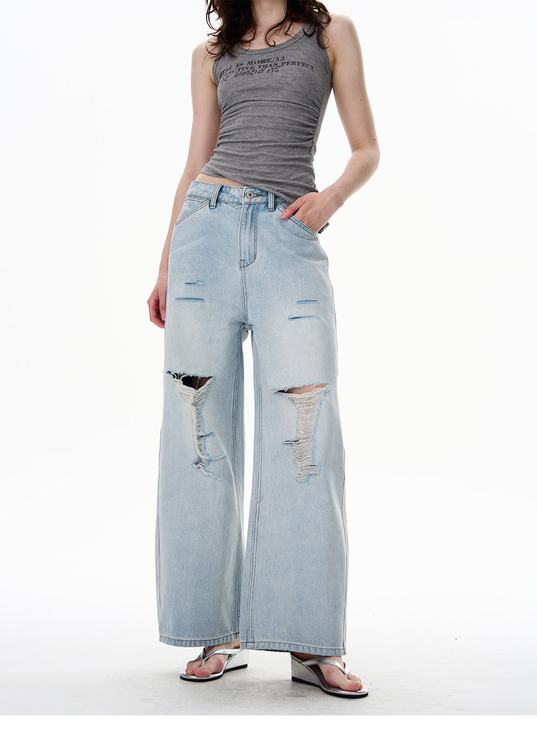 American Style Distressed Light Blue Jeans Trendy Brand Men's Cool Street Style High-End Pants
