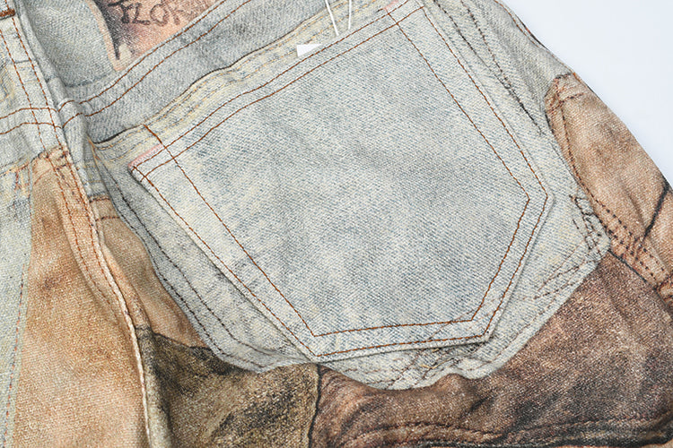 Beauty tide retro old hole patch 3D printing jeans dyed loose wide-leg pants