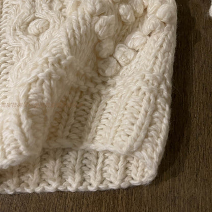 Women's Winter Wool Sweater Coat - Japanese Handmade Thick Yarn Ball Zipper Loose Knitted Top