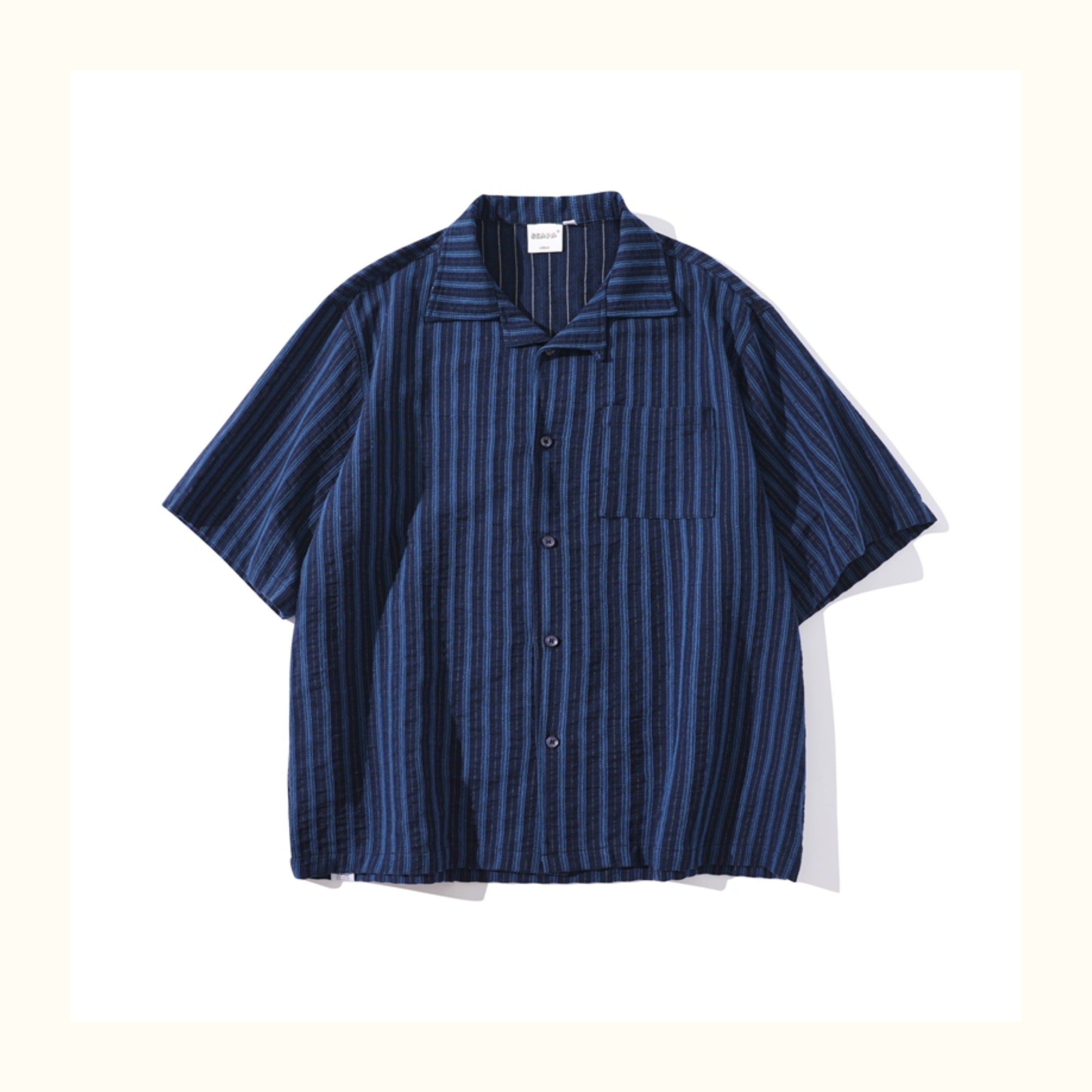 Pure Cotton Blue Striped Cuban-Collar Shirt – Japanese Retro, Loose Fit, Summer Essential