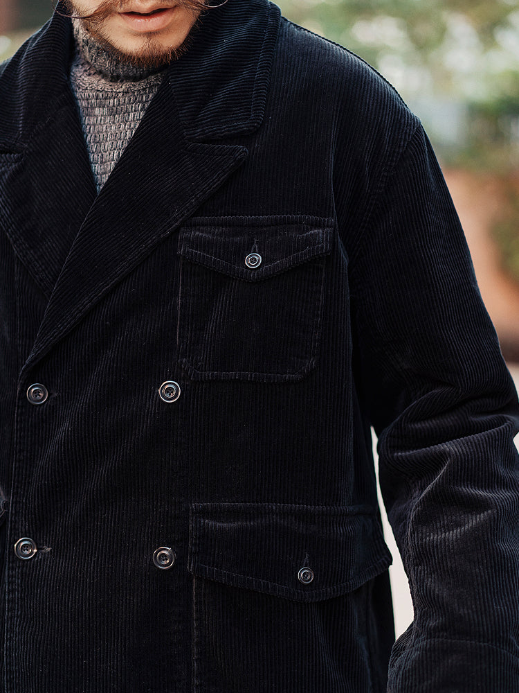 Retro Corduroy Double-Breasted Peak-Lapel Blazer – Loose 70s-Style Vintage Coat