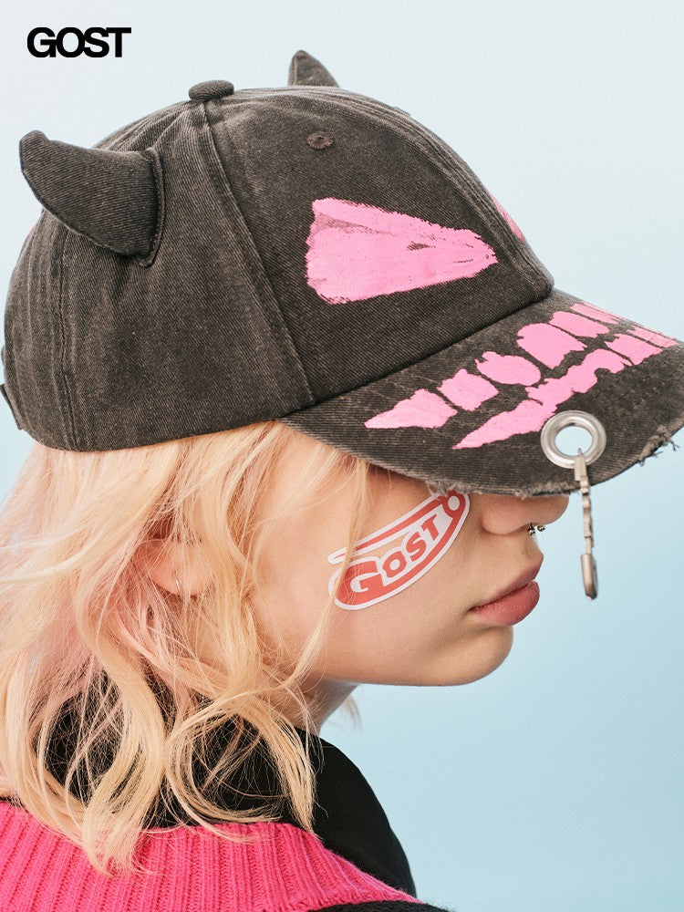"Little Devil" Hand-painted Washed Distressed Embroidered Baseball Cap for Men and Women Spring Summer