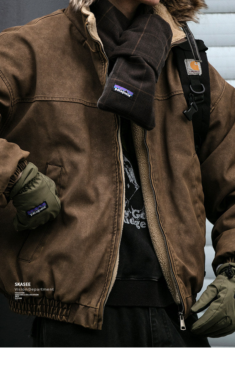 Heavy-Duty Washed Vintage Cotton Jacket - Lambswool Lined Stand Collar Coat (Men)