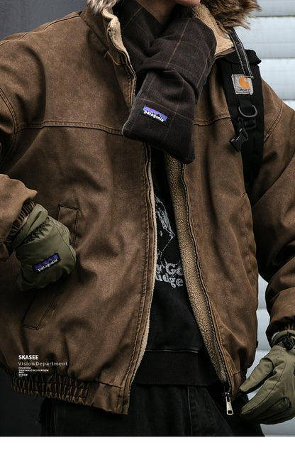 Heavy-Duty Washed Vintage Cotton Jacket - Lambswool Lined Stand Collar Coat (Men)