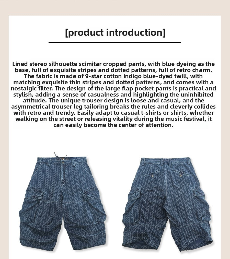 Blue Dyed Jacquard Loose Fit Scimitar Cropped Pants Japanese Retro Style with Large Pockets Casual Mid-Length Shorts