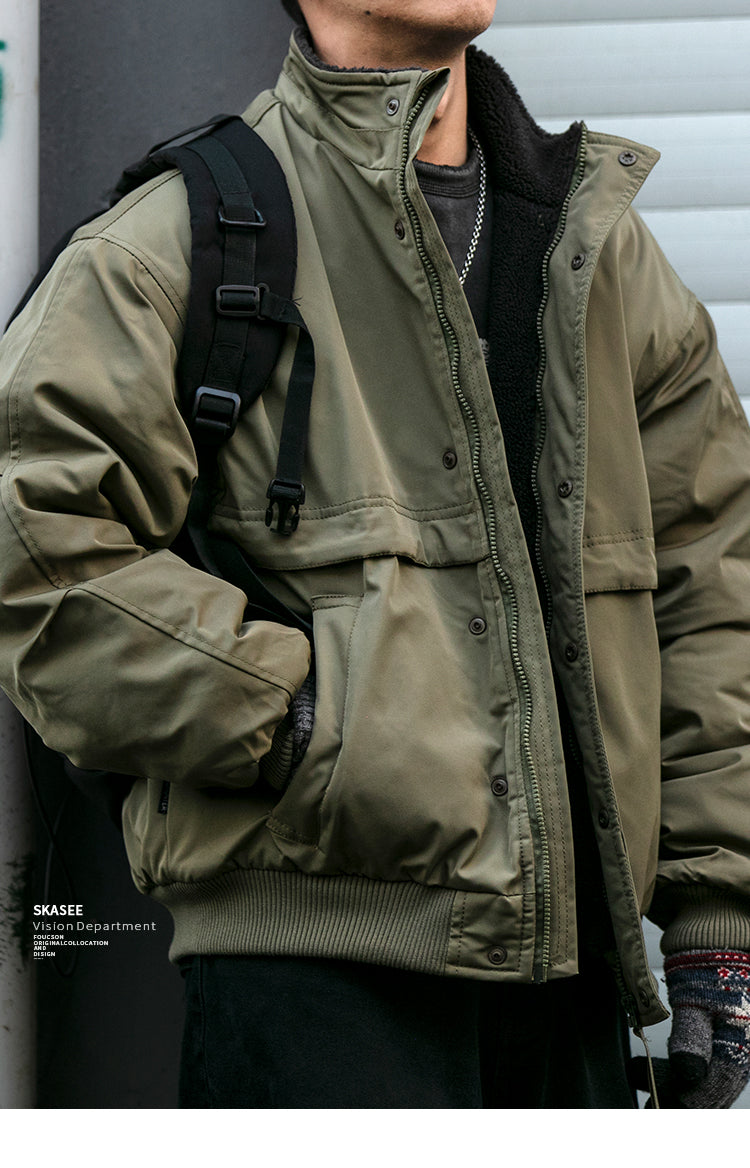 Japanese Style Trendy Brand Lamb Wool Stand Collar Cotton Jacket Men Winter Trendy Brand Couple Loose Thickened Warm Workwear Cotton Coat Jacket