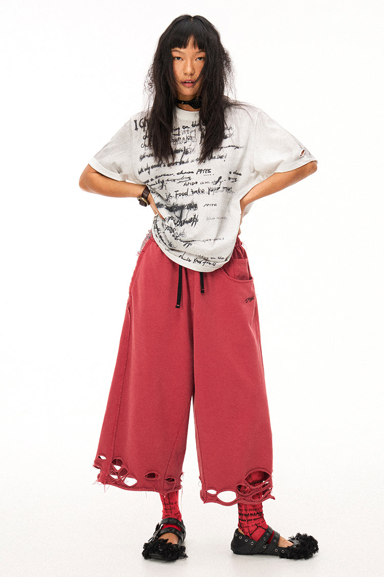 Handwritten Print Soft Skin-friendly Distressed Loose Short Sleeve T-shirt