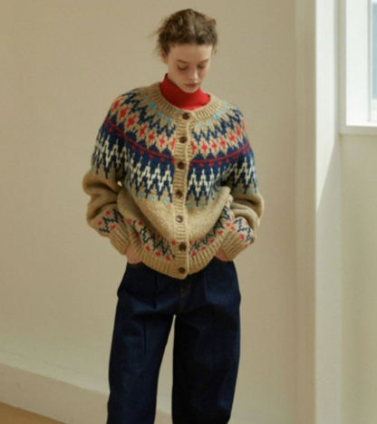 LINHOUSE French Retro Fair Isle Cardigan - Thick Wool Blend Sweater (Women)