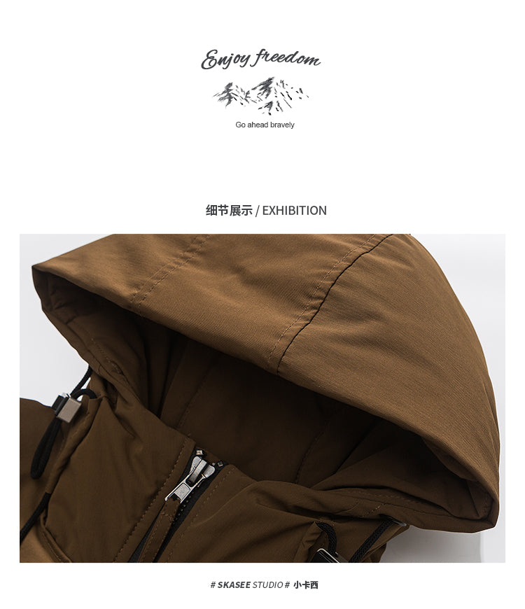 Winter Workwear Hooded Down Jacket Men's Trendy Loose Outdoor Multi-Pocket Functional 90% White Duck Down Warm Coat Trendy