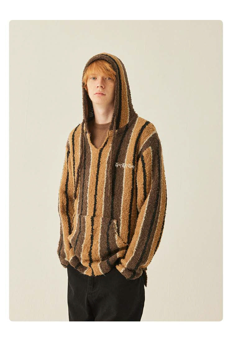 MEDRIA Retro Striped Wool Blend Tibetan Hoodie Autumn Winter Lazy Style Knitted Sweater Unisex Hooded Jacket