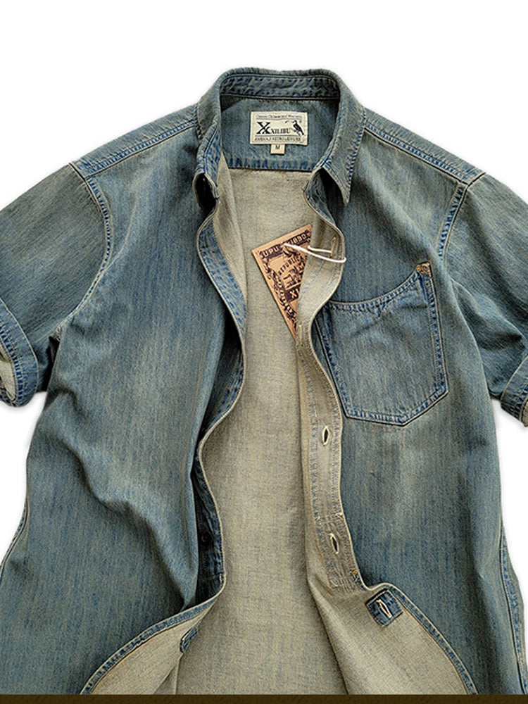 Summer Cotton Denim Short Sleeve Shirt Amekaji Retro Casual New Arrival