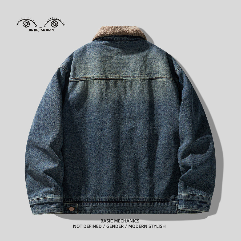 High Street Retro Washed Lamb Wool Denim Jacket – Thickened Warm Winter Cotton Coat for Men