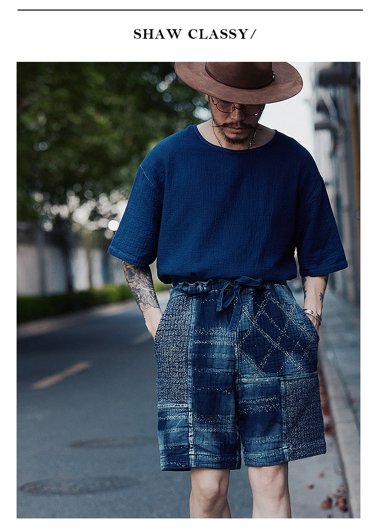 Original Japanese Retro Indigo Dyed Loose Couple Style Casual Short Sleeve T-Shirt