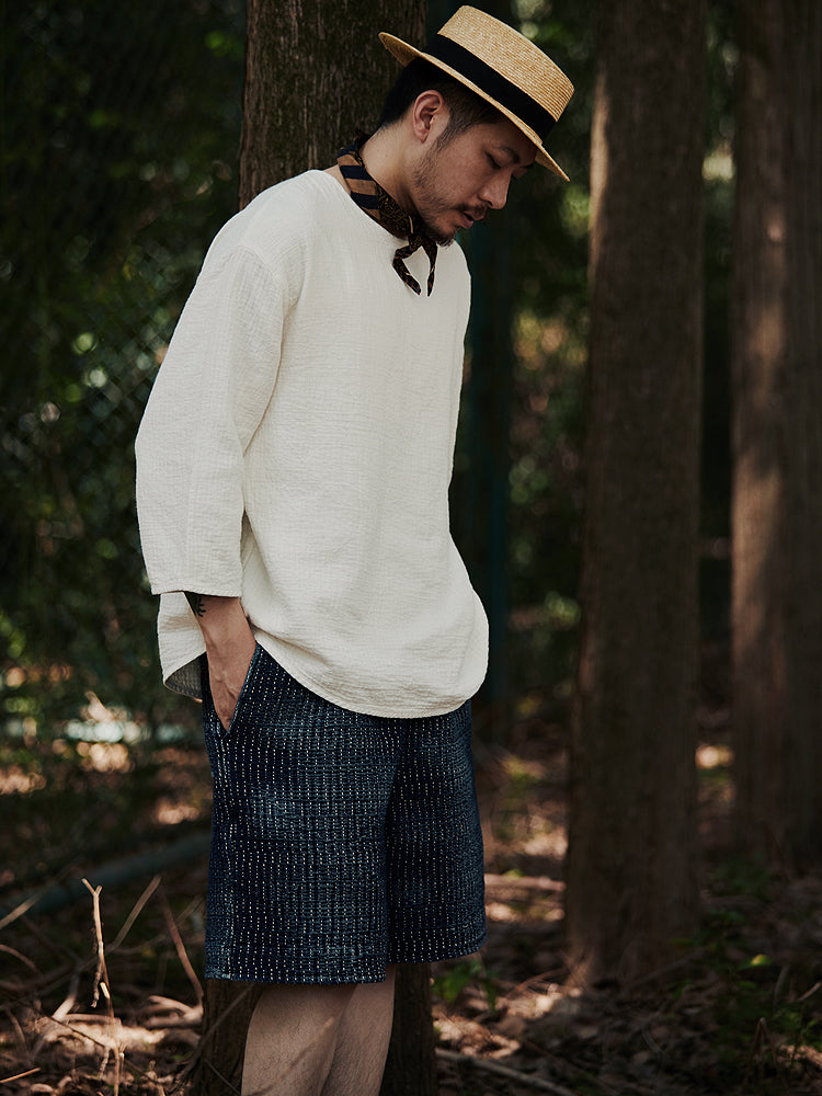 Original Japanese Retro White Sashiko Spring Summer Loose Couple Style Short Sleeve Embroidered Casual Three-Quarter Sleeve T-Shirt for Men