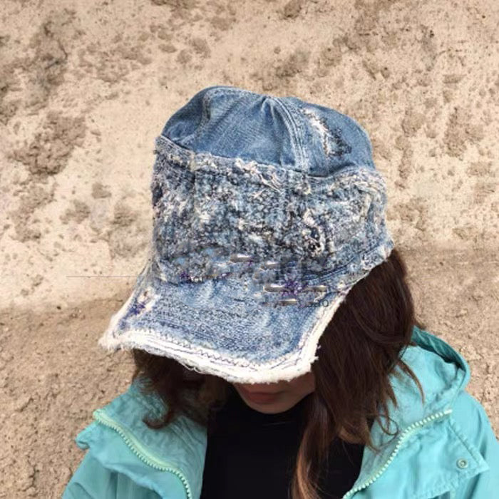 Old Man and the Sea Casual Distressed Denim Retro Sunshade Flat Brim Hat