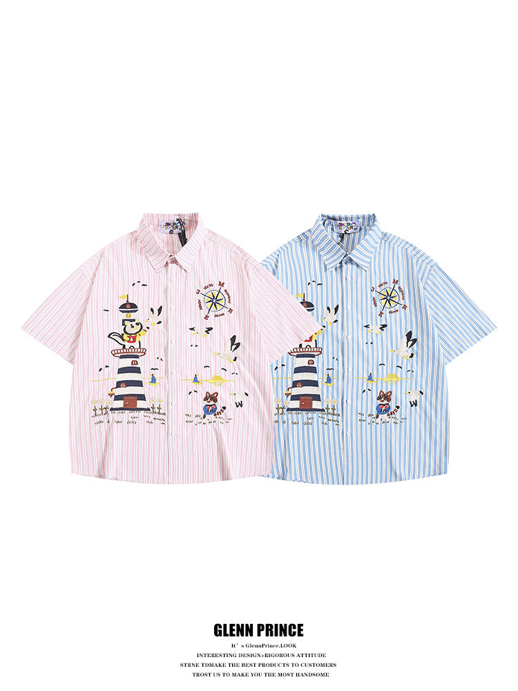 Japanese Style Trendy Cartoon Embroidery Vertical Striped Short Sleeve Shirt for Men Summer Loose Couple Half Sleeve Shirt