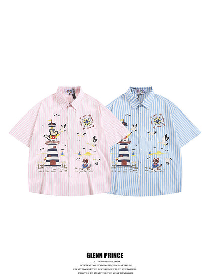 Japanese Style Trendy Cartoon Embroidery Vertical Striped Short Sleeve Shirt for Men Summer Loose Couple Half Sleeve Shirt