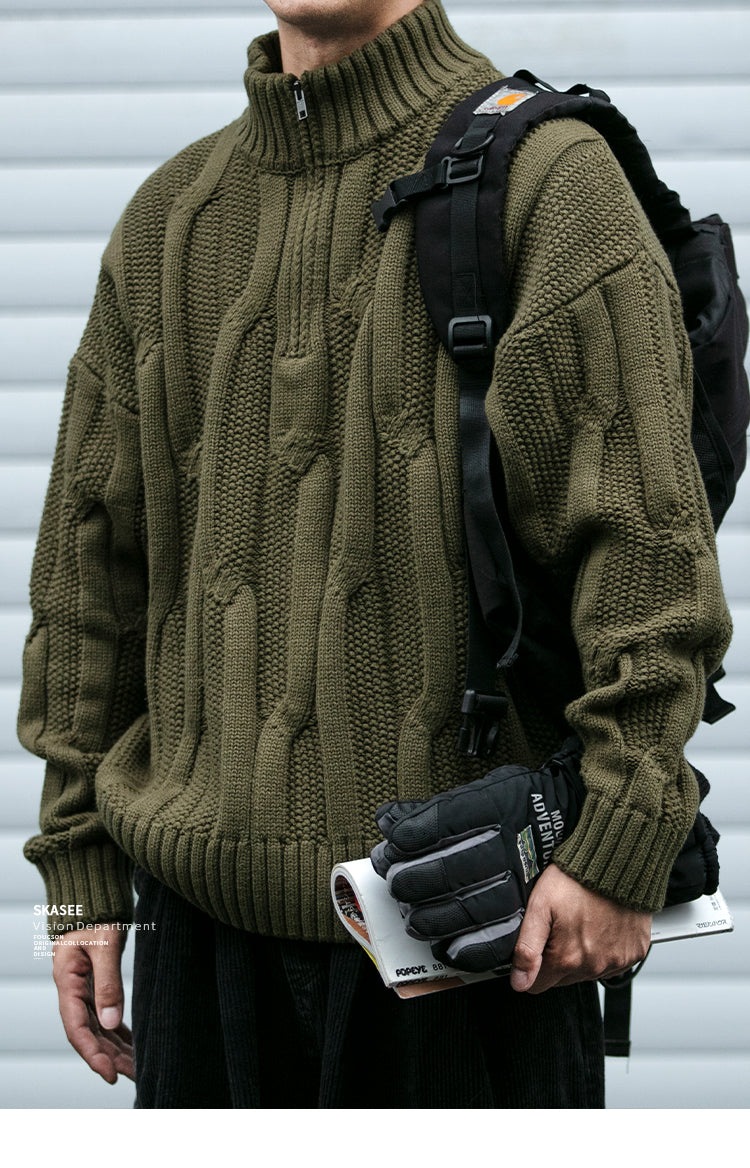 Winter Heavyweight High Grammage Non-Itchy Thick Cable Knit Stand Collar Pullover Sweater American Retro Half-Zip Thickened Coat