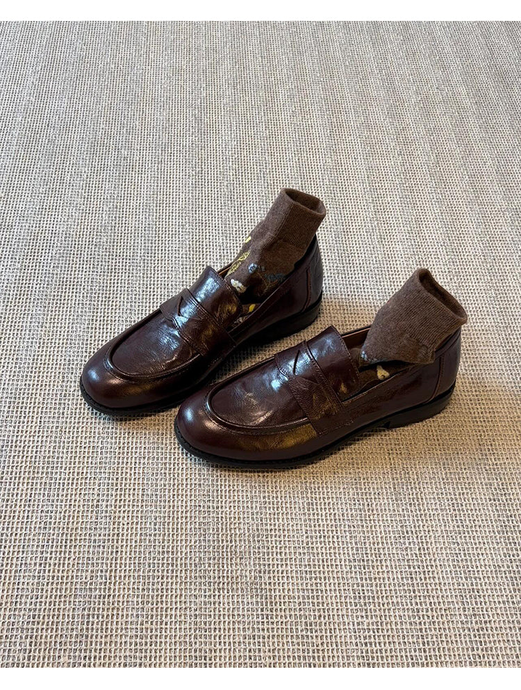 Women's Retro Genuine Leather Loafers - Sheepskin Slip-On Chunky Heel British Style Lazy Shoes