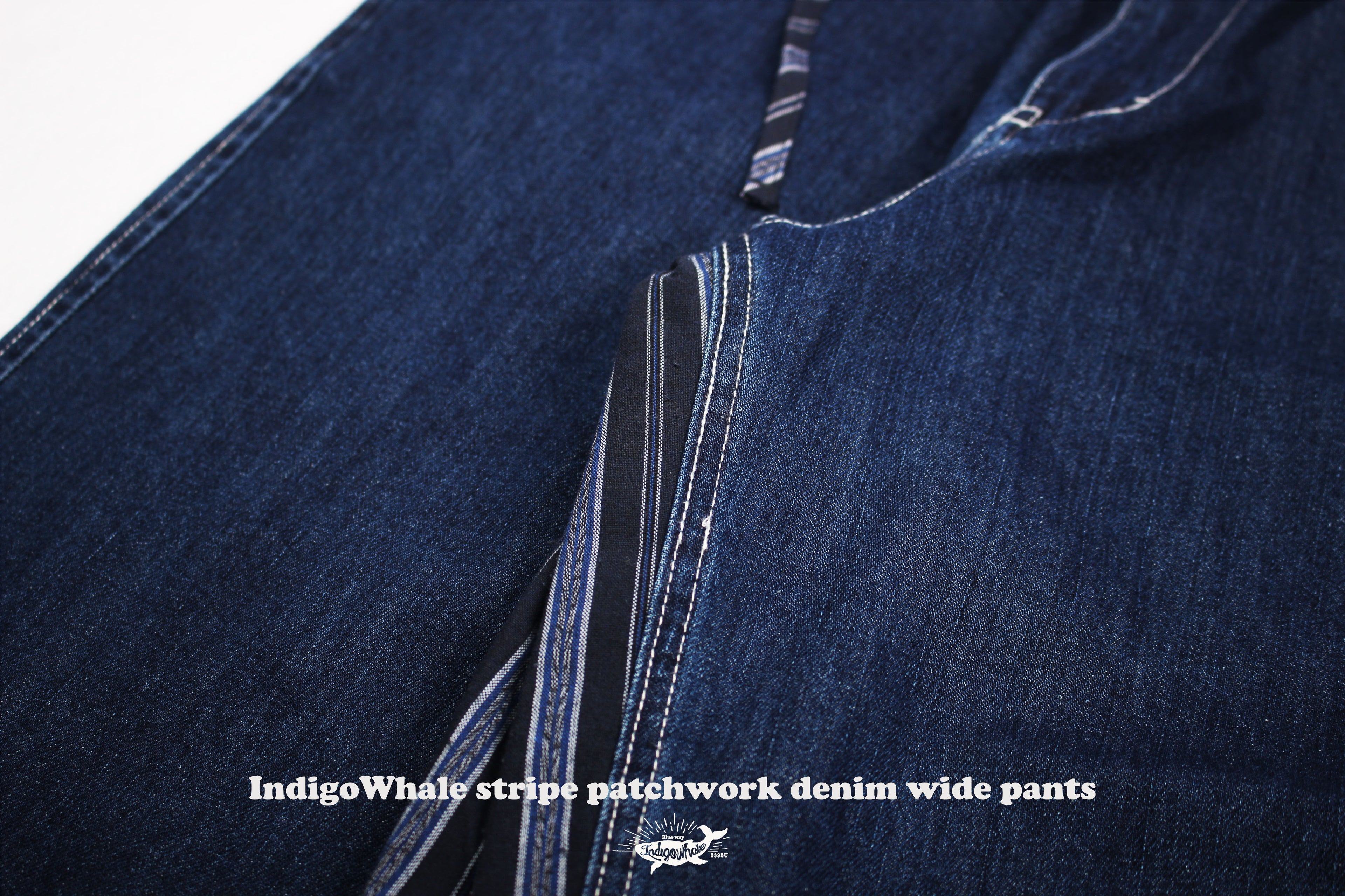 IndigoWhale Bamboo Denim Wide-Leg Patchwork Jeans – Heavy Wash, Drawstring Nine-Point Design