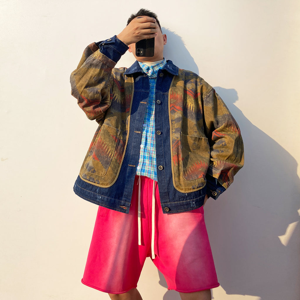 Shanwu Patchwork Blue Lapel Jacket – Retro American Streetwear, Unisex