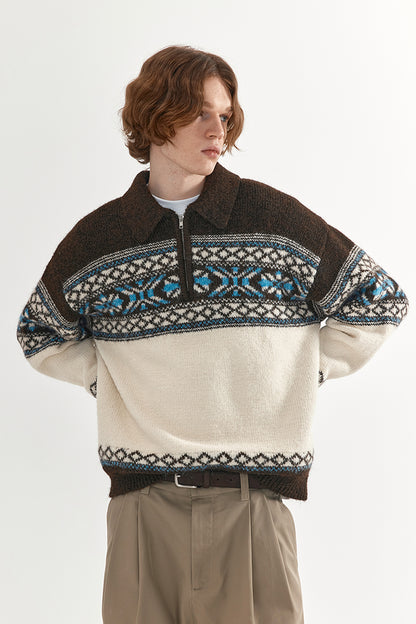 Coke Life Carpem Unisex Retro Fair Isle Sweater Jacket - Autumn Wool Zipper Loose Lazy Style Top