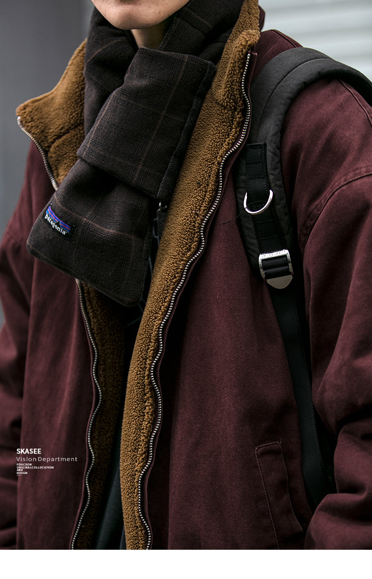 Men's Japanese Retro Lamb Wool Jacket - Thickened Stand Collar Couple Cotton Coat