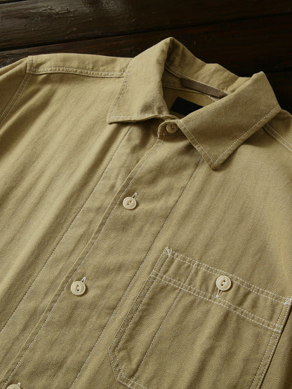 100% Cotton Herringbone Summer Men's Loose Casual Short Sleeve Work Shirt Top