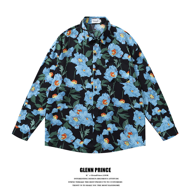 Resort Style Blue Floral Full Print Long Sleeve Shirt for Men 2025 Autumn New Hawaiian Floral Shirt