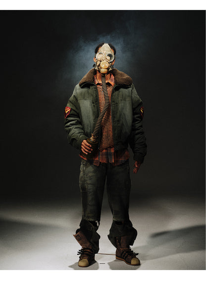 24aw Washed Green Vintage Jacket Cotton-Padded Coat Distressed Epaulet Fur Collar Thickened Coat